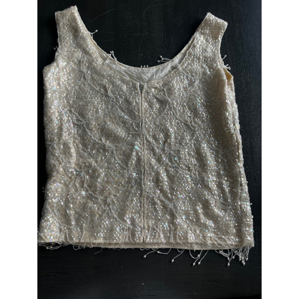 Vintage Wool Sequin Beaded Fringe Shell Top Cream Iridescent Small Flapper - Picture 7 of 14